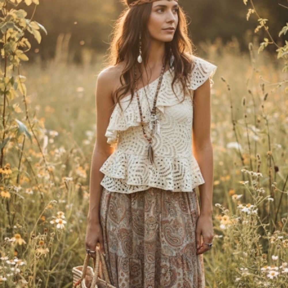 Highline Embroidered Lace One-shoulder Ruffle Top S/M